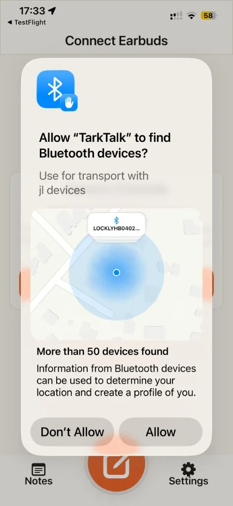 iOS prompt asking to allow Superear to find Bluetooth devices