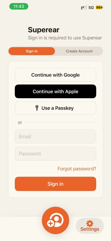 Superear sign in and create account screen