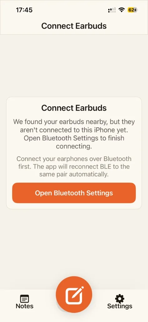 Superear Connect Earbuds screen with an Open Bluetooth Settings button