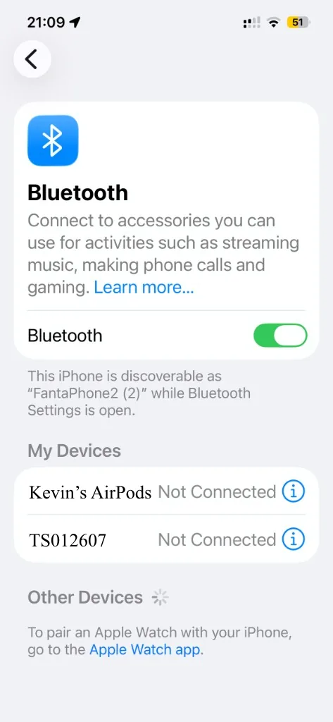 iOS Bluetooth settings showing Superear TS012607 in the device list
